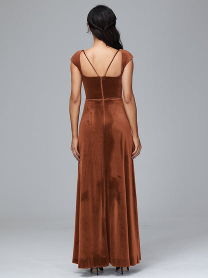 Cap Sleeves Velvet Bridesmaid Dress With Slit