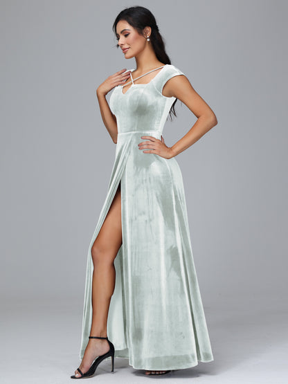 Cap Sleeves Velvet Bridesmaid Dress With Slit