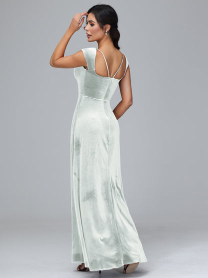 Cap Sleeves Velvet Bridesmaid Dress With Slit