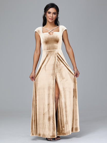 Cap Sleeves Velvet Bridesmaid Dress With Slit