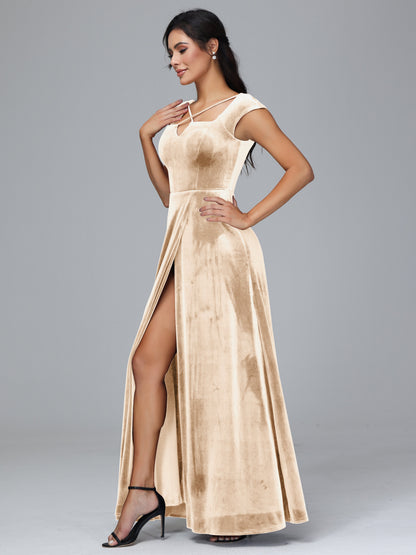 Cap Sleeves Velvet Bridesmaid Dress With Slit