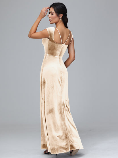 Cap Sleeves Velvet Bridesmaid Dress With Slit