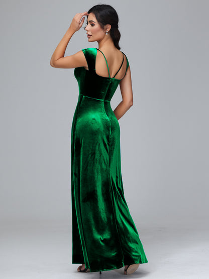 Cap Sleeves Velvet Bridesmaid Dress With Slit