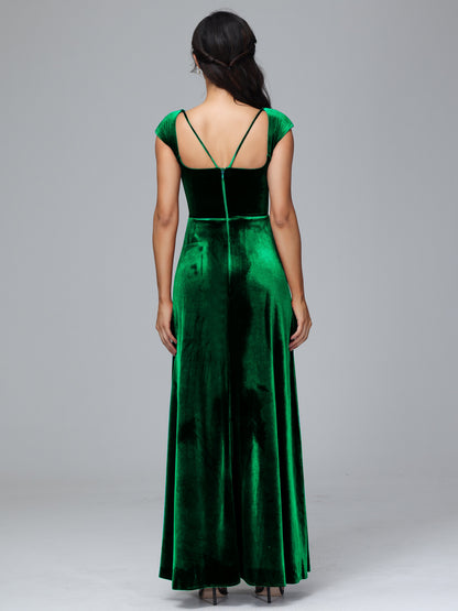 Cap Sleeves Velvet Bridesmaid Dress With Slit