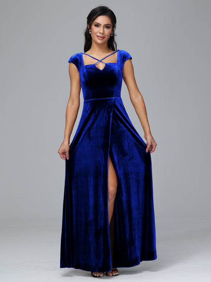 Cap Sleeves Velvet Bridesmaid Dress With Slit
