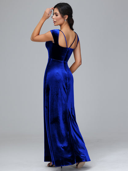 Cap Sleeves Velvet Bridesmaid Dress With Slit