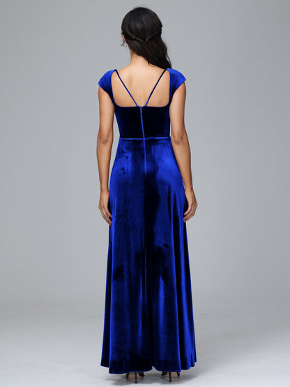 Cap Sleeves Velvet Bridesmaid Dress With Slit