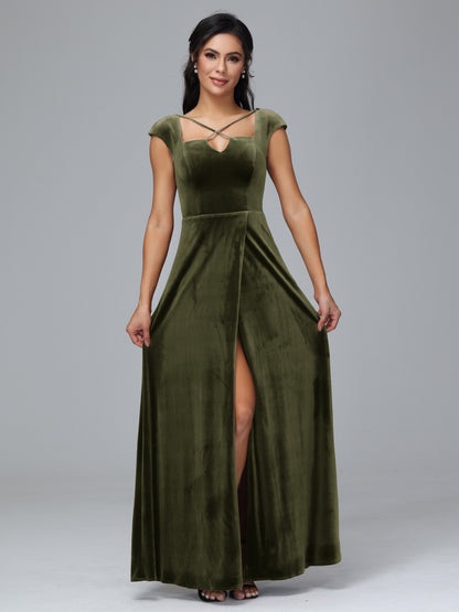 Cap Sleeves Velvet Bridesmaid Dress With Slit