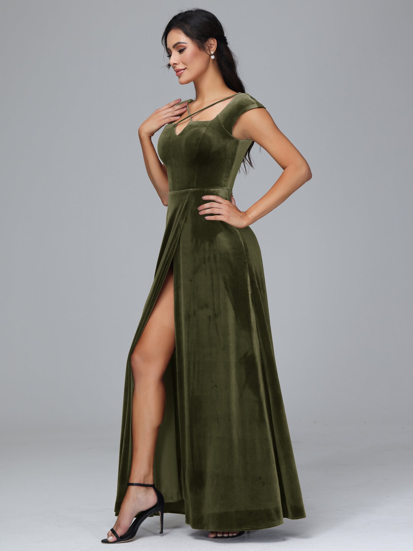 Cap Sleeves Velvet Bridesmaid Dress With Slit