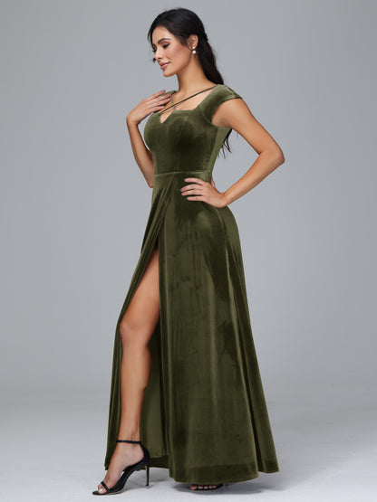 Cap Sleeves Velvet Bridesmaid Dress With Slit