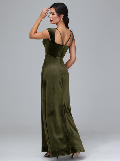 Cap Sleeves Velvet Bridesmaid Dress With Slit
