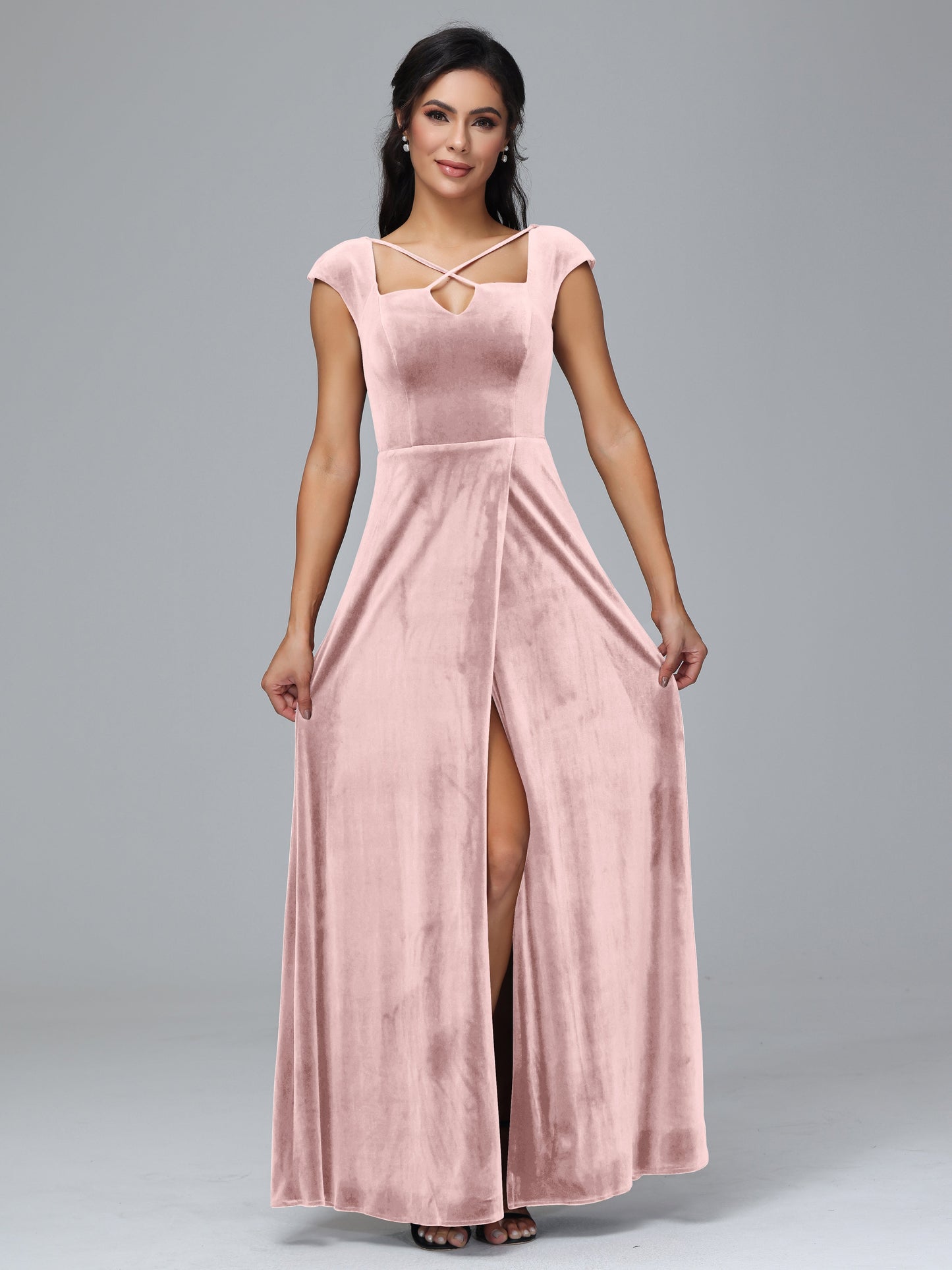 Cap Sleeves Velvet Bridesmaid Dress With Slit