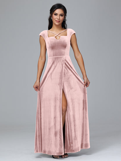 Cap Sleeves Velvet Bridesmaid Dress With Slit