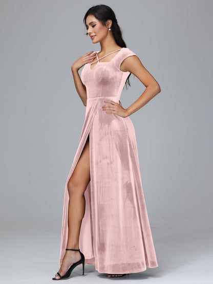 Cap Sleeves Velvet Bridesmaid Dress With Slit