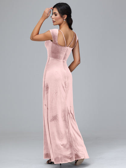 Cap Sleeves Velvet Bridesmaid Dress With Slit