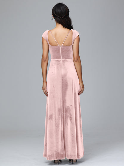 Cap Sleeves Velvet Bridesmaid Dress With Slit