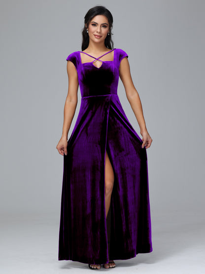 Cap Sleeves Velvet Bridesmaid Dress With Slit