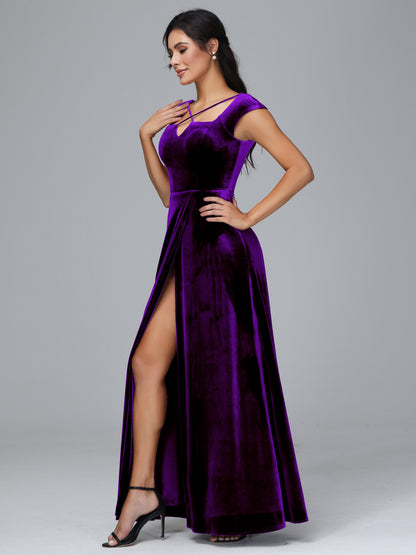 Cap Sleeves Velvet Bridesmaid Dress With Slit