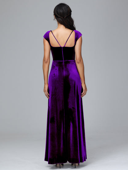Cap Sleeves Velvet Bridesmaid Dress With Slit