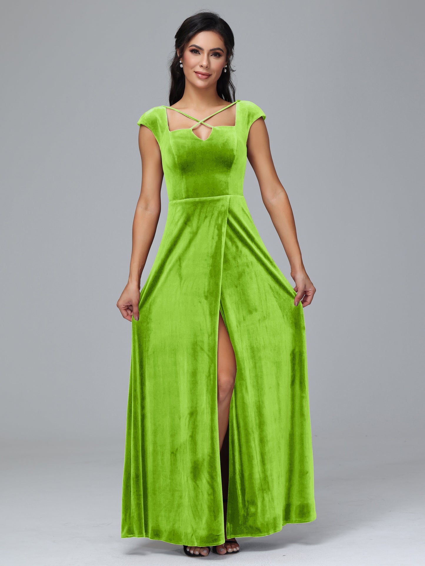 Cap Sleeves Velvet Bridesmaid Dress With Slit