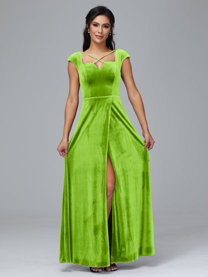 Cap Sleeves Velvet Bridesmaid Dress With Slit