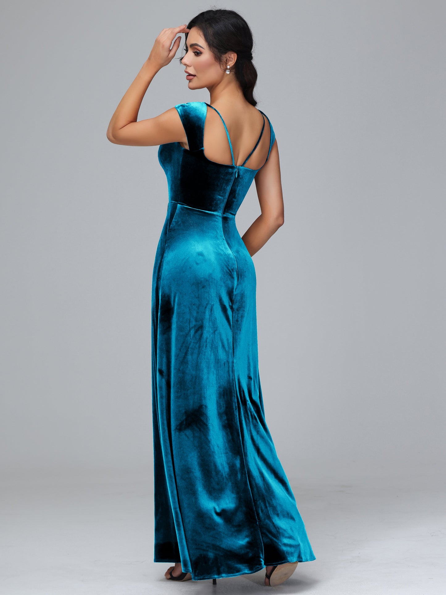 Cap Sleeves Velvet Bridesmaid Dress With Slit