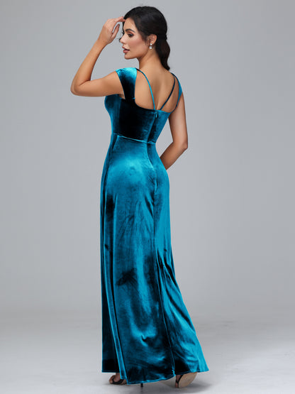 Cap Sleeves Velvet Bridesmaid Dress With Slit