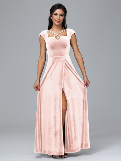 Cap Sleeves Velvet Bridesmaid Dress With Slit