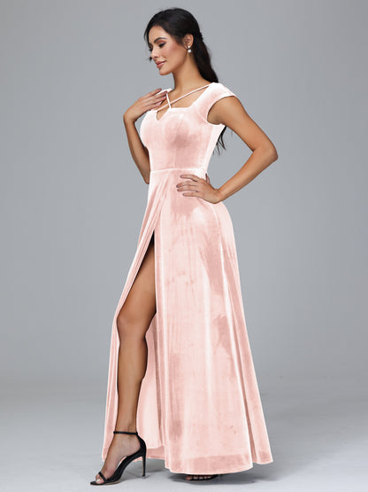 Cap Sleeves Velvet Bridesmaid Dress With Slit