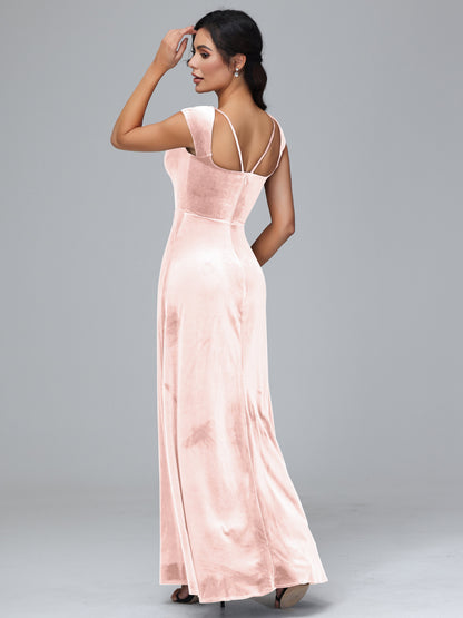 Cap Sleeves Velvet Bridesmaid Dress With Slit