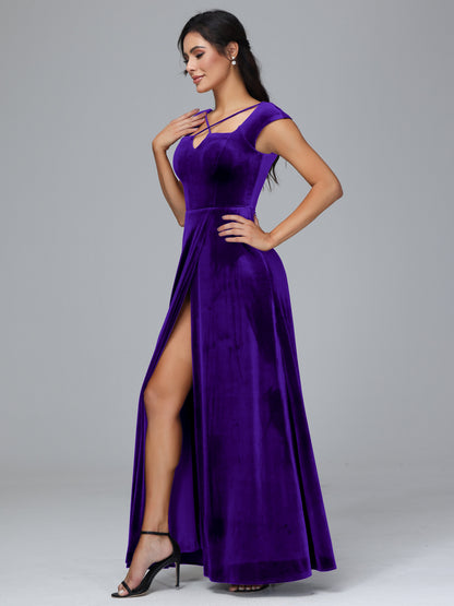 Cap Sleeves Velvet Bridesmaid Dress With Slit