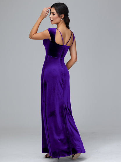 Cap Sleeves Velvet Bridesmaid Dress With Slit