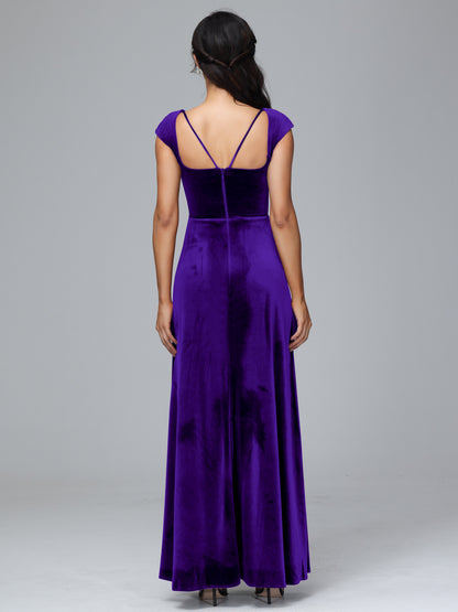 Cap Sleeves Velvet Bridesmaid Dress With Slit