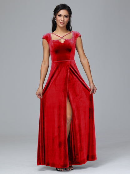 Cap Sleeves Velvet Bridesmaid Dress With Slit