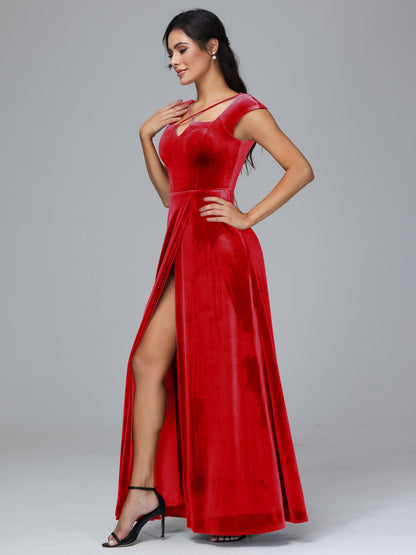 Cap Sleeves Velvet Bridesmaid Dress With Slit