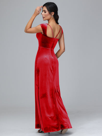 Cap Sleeves Velvet Bridesmaid Dress With Slit