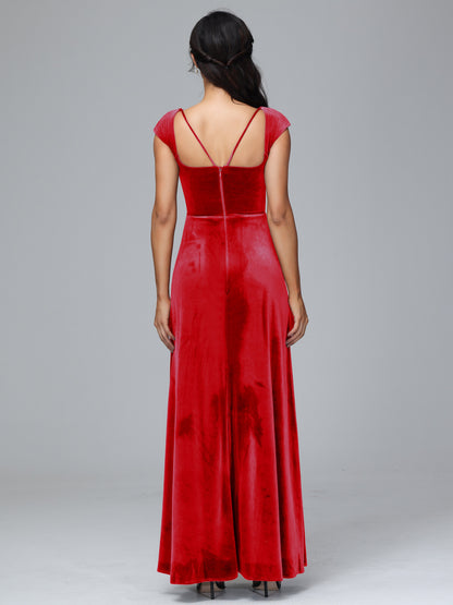 Cap Sleeves Velvet Bridesmaid Dress With Slit
