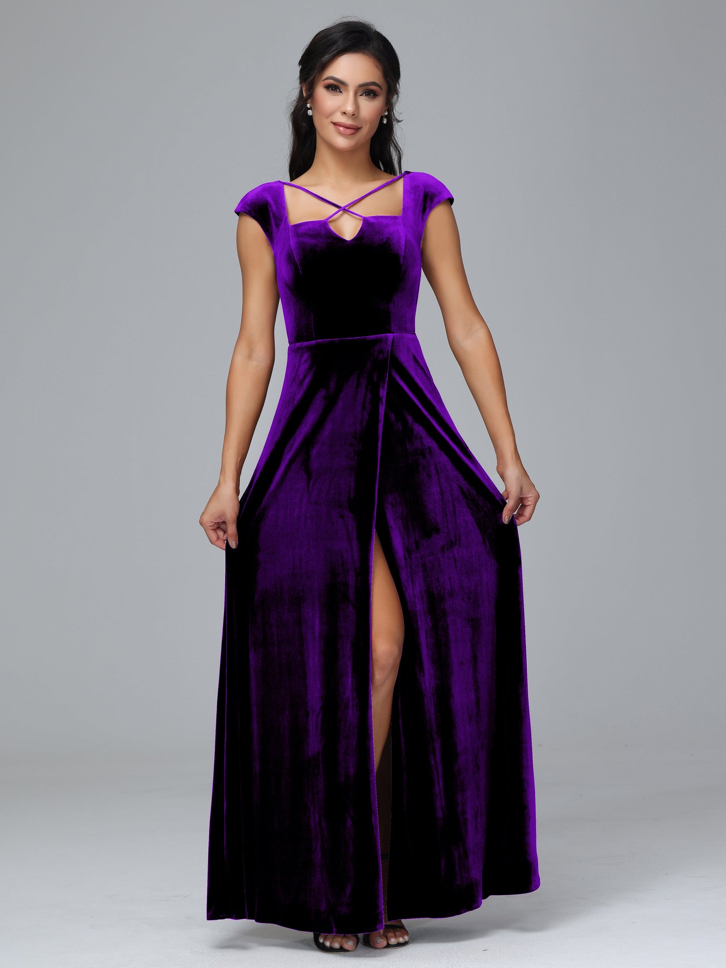 Cap Sleeves Velvet Bridesmaid Dress With Slit
