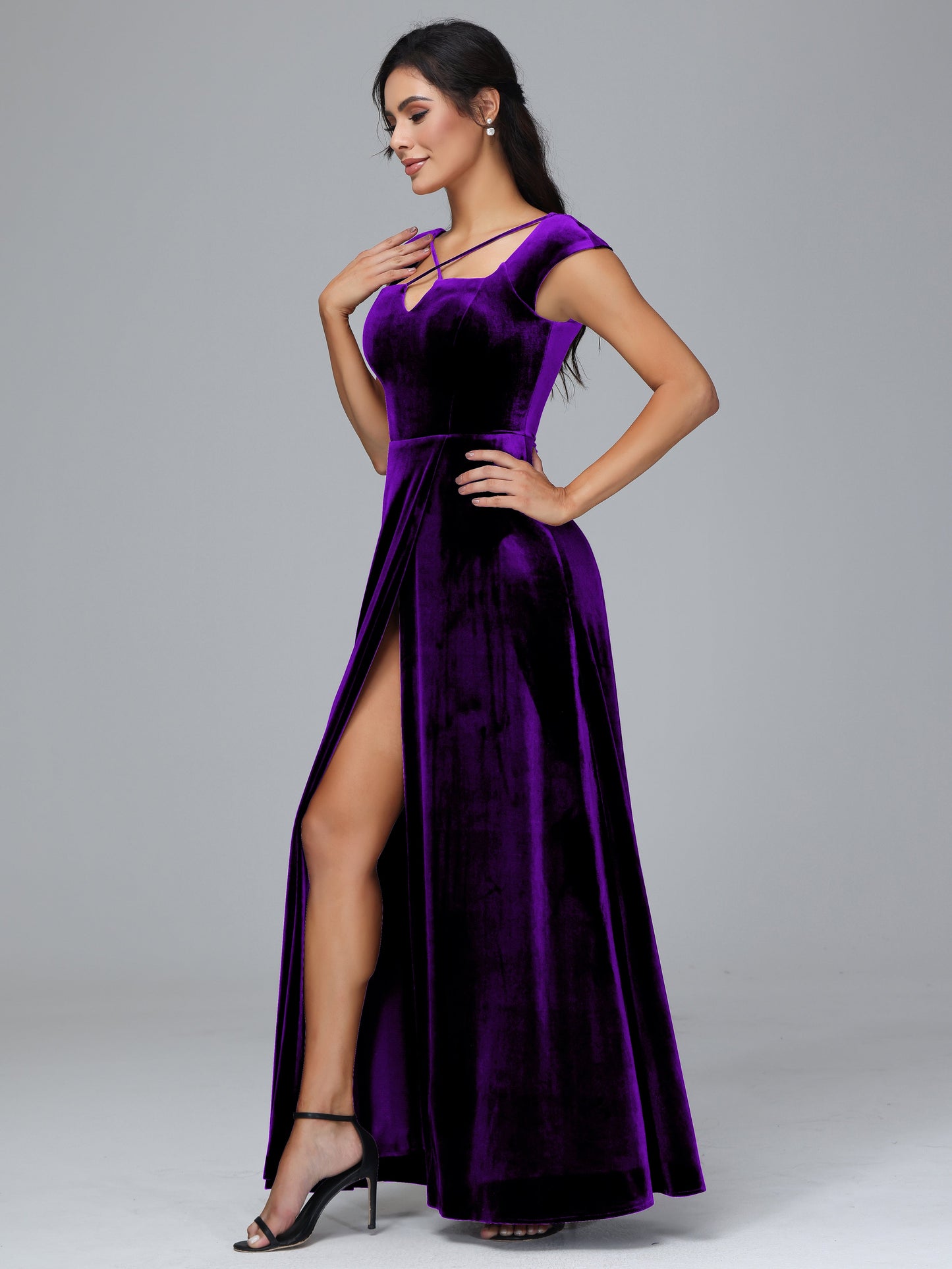 Cap Sleeves Velvet Bridesmaid Dress With Slit
