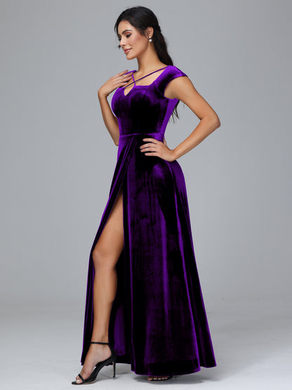 Cap Sleeves Velvet Bridesmaid Dress With Slit