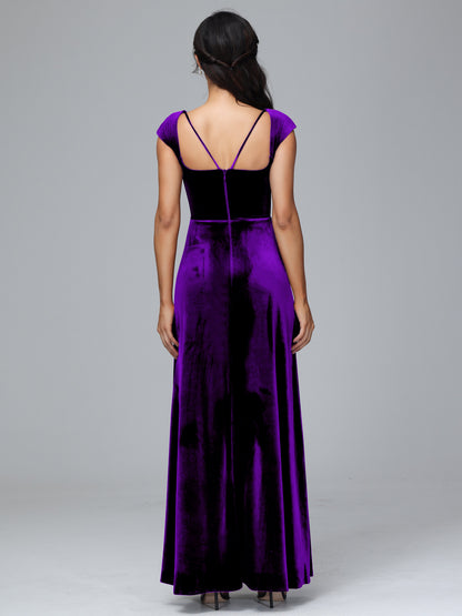 Cap Sleeves Velvet Bridesmaid Dress With Slit