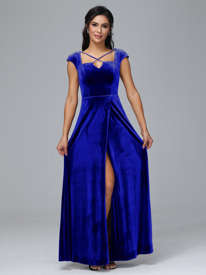 Cap Sleeves Velvet Bridesmaid Dress With Slit