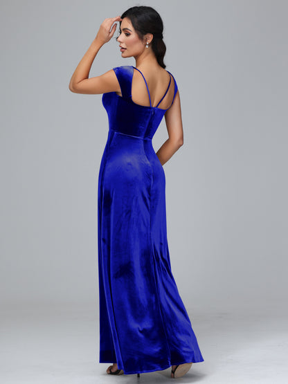Cap Sleeves Velvet Bridesmaid Dress With Slit