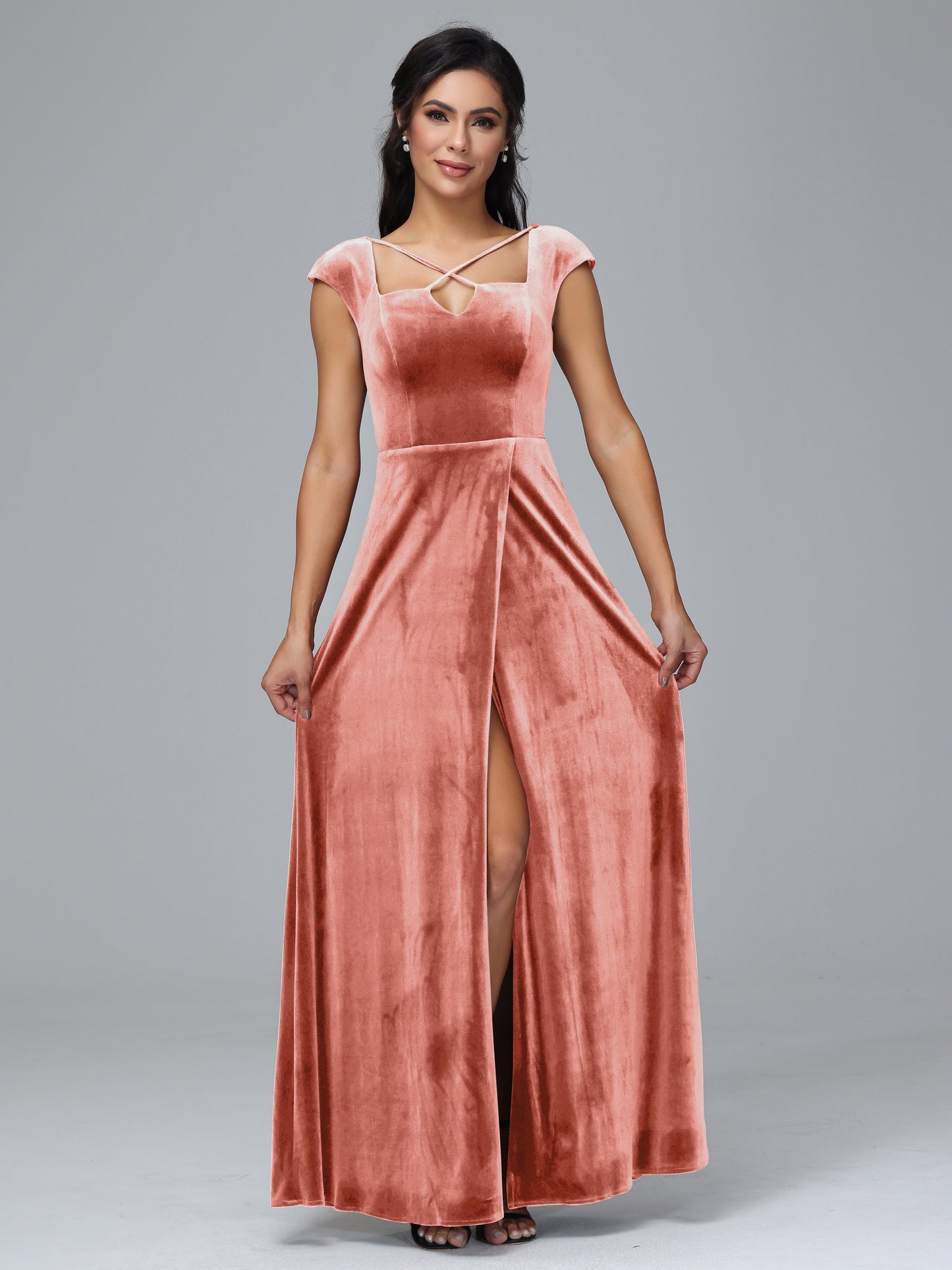 Cap Sleeves Velvet Bridesmaid Dress With Slit