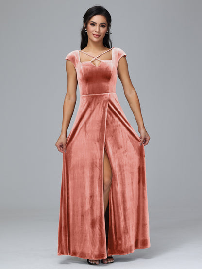 Cap Sleeves Velvet Bridesmaid Dress With Slit