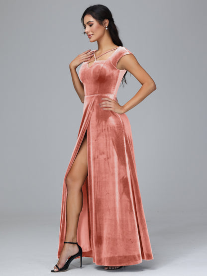 Cap Sleeves Velvet Bridesmaid Dress With Slit