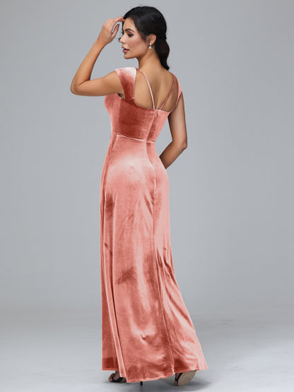Cap Sleeves Velvet Bridesmaid Dress With Slit