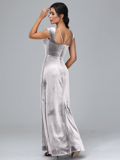 Cap Sleeves Velvet Bridesmaid Dress With Slit