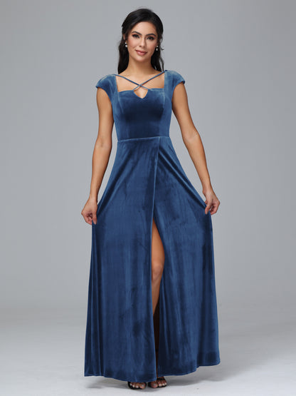 Cap Sleeves Velvet Bridesmaid Dress With Slit