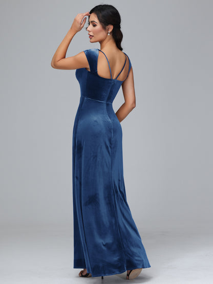 Cap Sleeves Velvet Bridesmaid Dress With Slit